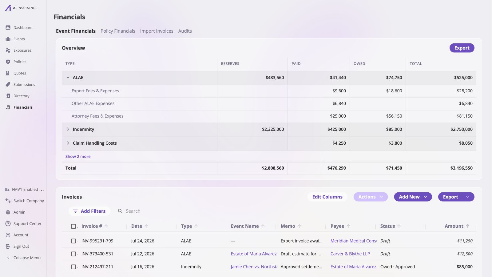 Event Financials overview with ALAE expanded to show Expert Fees and Expenses, Other ALAE Expenses, and Attorney Fees and Expenses line-item aggregates beneath the parent type totals