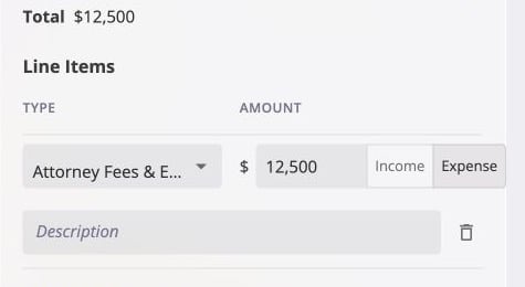 New Invoice Line Items section with Attorney Fees and Expenses entered as $12,500 and the Expense side selected in the Income or Expense toggle