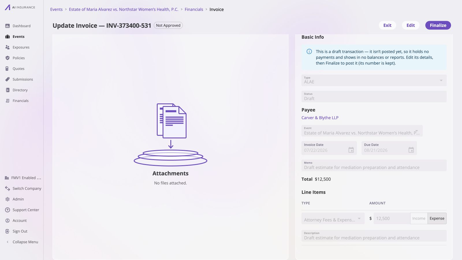 Full created ALAE invoice view showing the Basic Info panel and a Line Items card with Attorney Fees and Expenses, a $12,500 amount, Expense selected, and its description