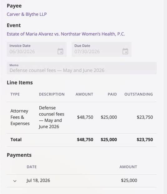 Focused invoice detail showing the payee, linked event, invoice and due dates, line-item total, paid and outstanding amounts, and one recorded payment