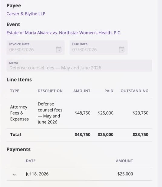 Focused invoice detail showing the payee, linked event, invoice and due dates, line-item total, paid and outstanding amounts, and one recorded payment