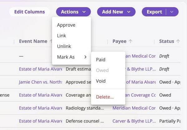 Invoice Actions menu with Mark As expanded to Paid, disabled Owed, Void, and Delete choices alongside invoice rows in Draft, Owed, approved, and Partially Paid states