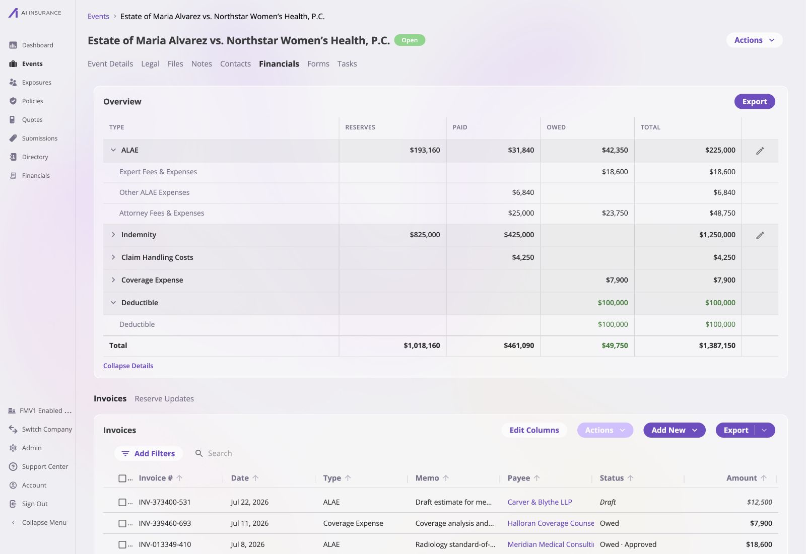 Expanded Event Financials overview for the Estate of Maria Alvarez event, with outgoing ALAE, Indemnity, Coverage Expense, and claim cost amounts in black and the incoming Deductible amounts and net owed total in green