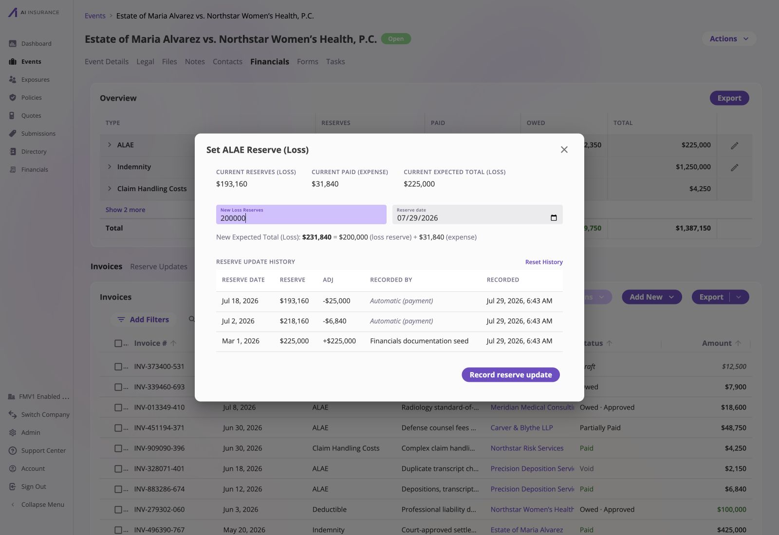 Set ALAE Reserve (Loss) dialog showing current reserves, current paid, current expected total, a $200,000 new loss reserve, the July 29, 2026 reserve date, a $231,840 new expected total, and reserve update history