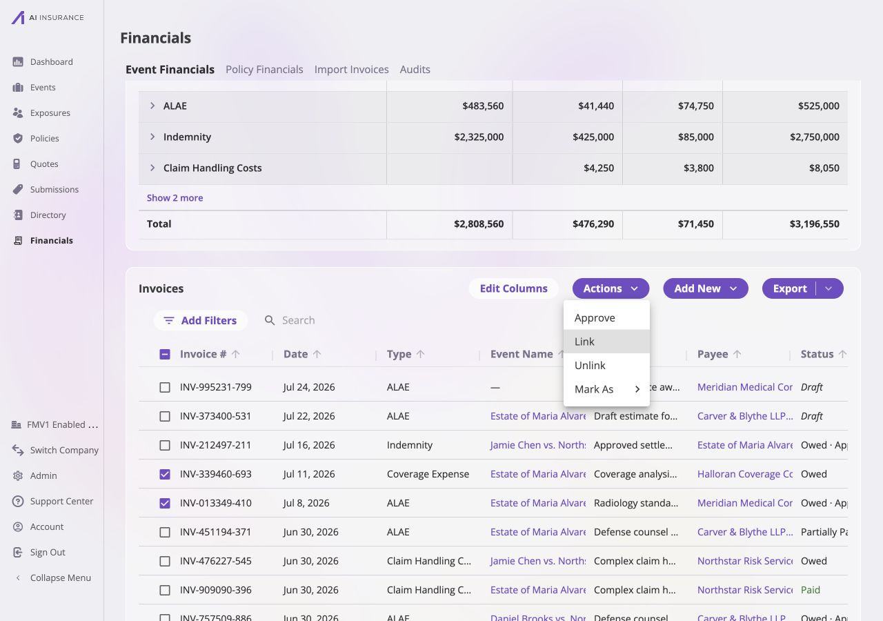 Company-wide invoice list with two invoices selected and the Actions menu open, showing Link and Unlink beside each invoice's Event Name