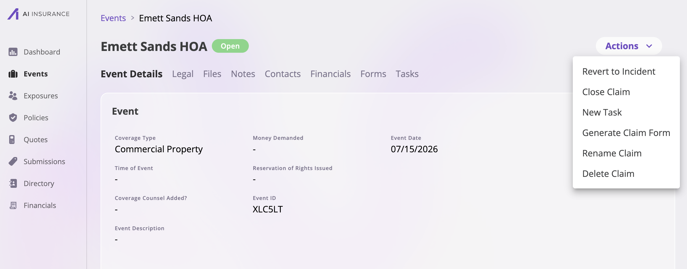 An open claim's detail page with the Actions menu expanded, showing Revert to Incident, Close Claim, New Task, Generate Claim Form, Rename Claim, and Delete Claim.