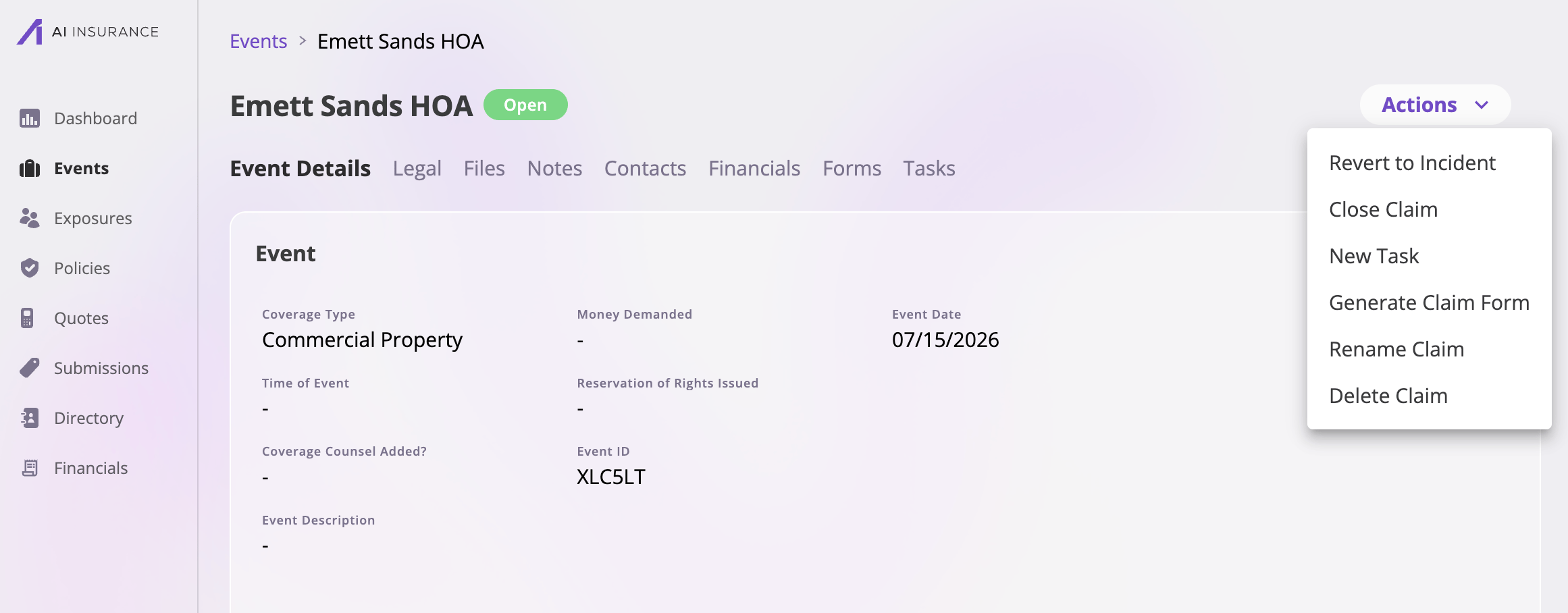 An open claim's detail page with the Actions menu expanded, showing Revert to Incident, Close Claim, New Task, Generate Claim Form, Rename Claim, and Delete Claim.