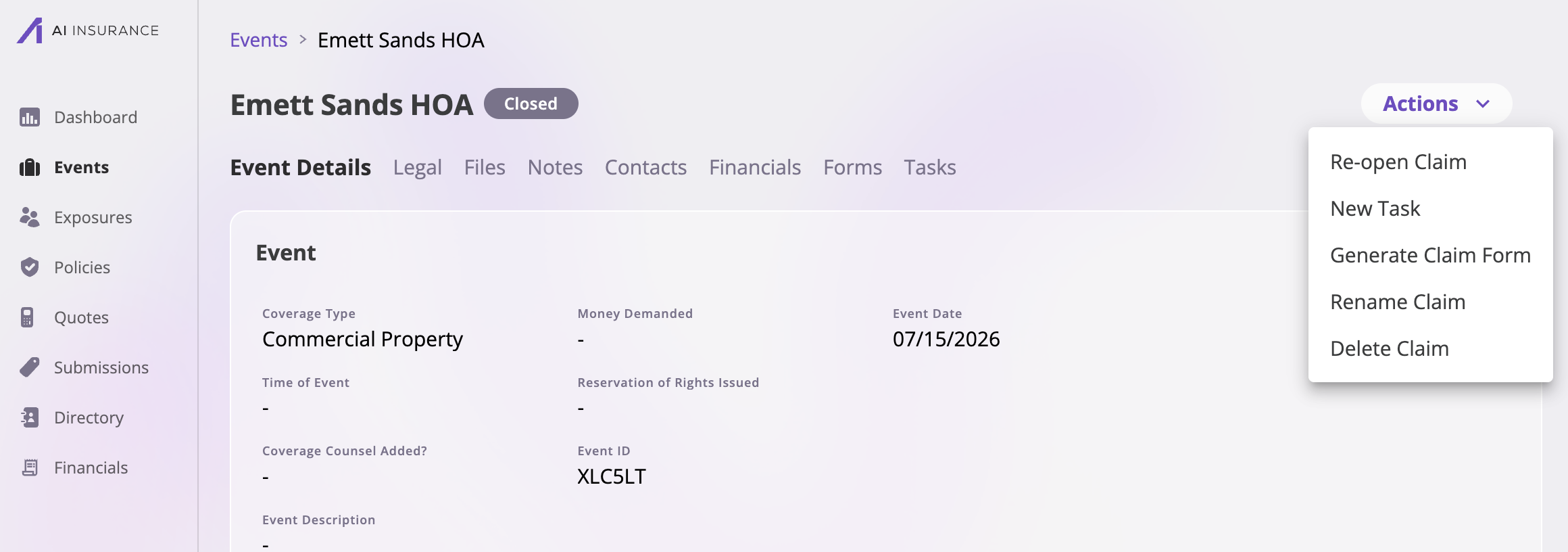 A claim with a Closed status tag and the Actions menu expanded, showing Re-open Claim, New Task, Generate Claim Form, Rename Claim, and Delete Claim.