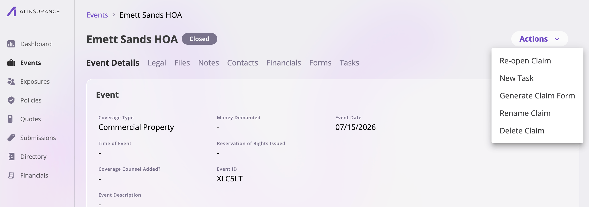 A claim with a Closed status tag and the Actions menu expanded, showing Re-open Claim, New Task, Generate Claim Form, Rename Claim, and Delete Claim.