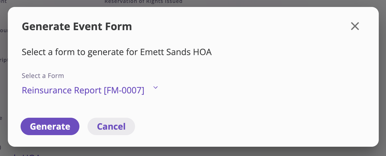 The Generate Event Form dialog with a form template selected in the Select a Form dropdown and Generate and Cancel buttons.