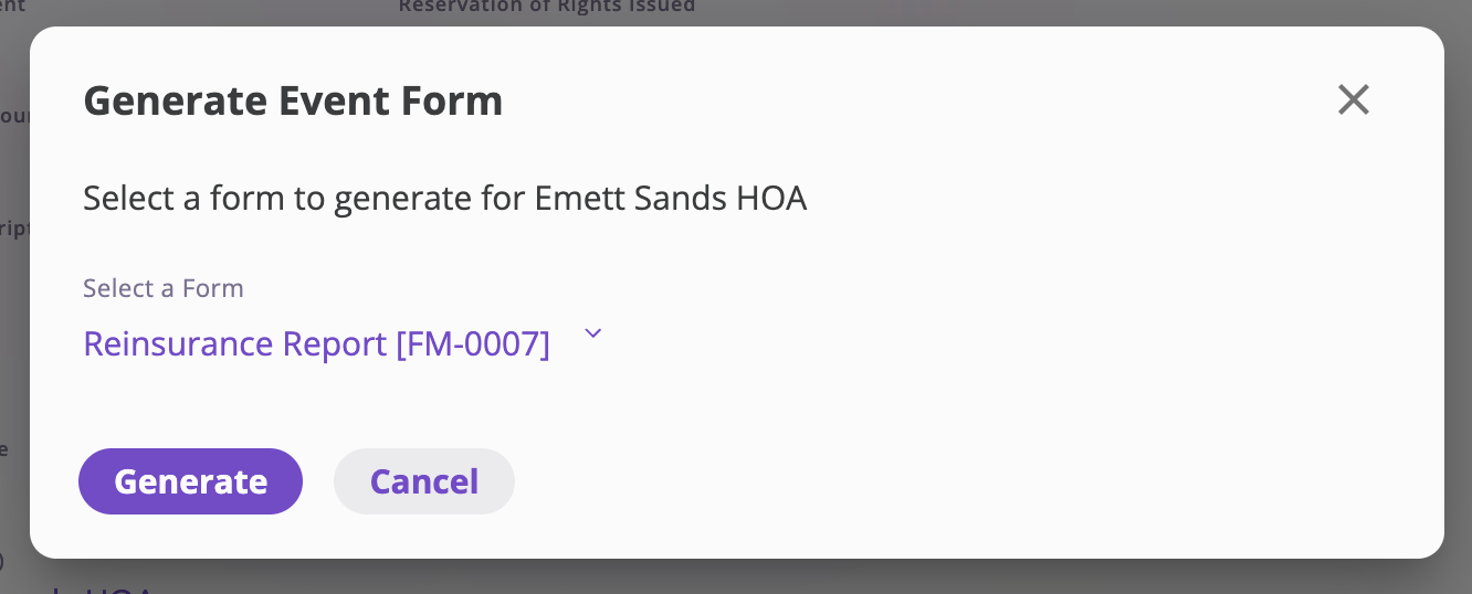 The Generate Event Form dialog with a form template selected in the Select a Form dropdown and Generate and Cancel buttons.