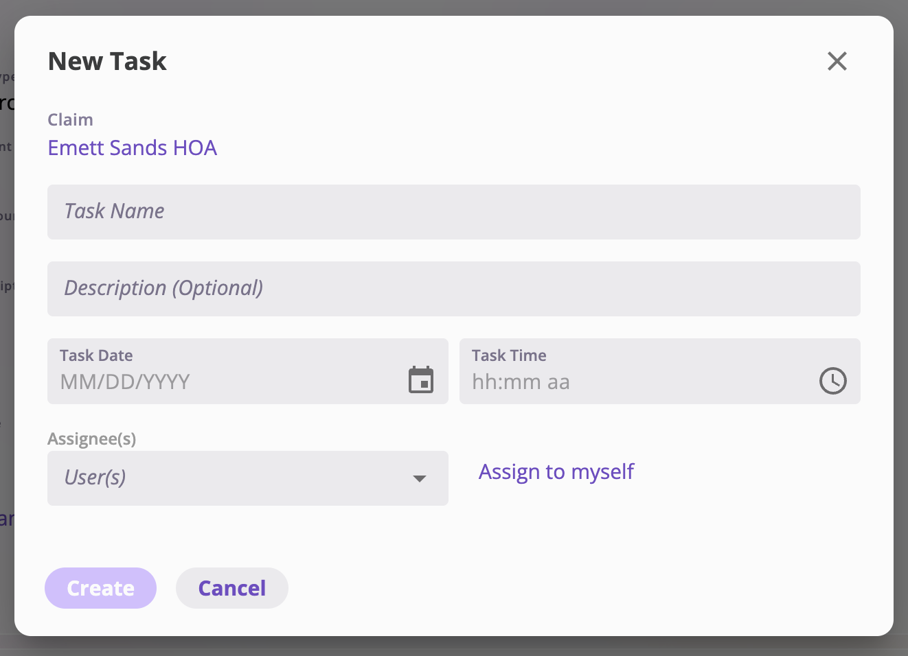 The New Task dialog showing the linked claim, a task name field, optional description, task date and time, and assignee selection with an Assign to myself link.
