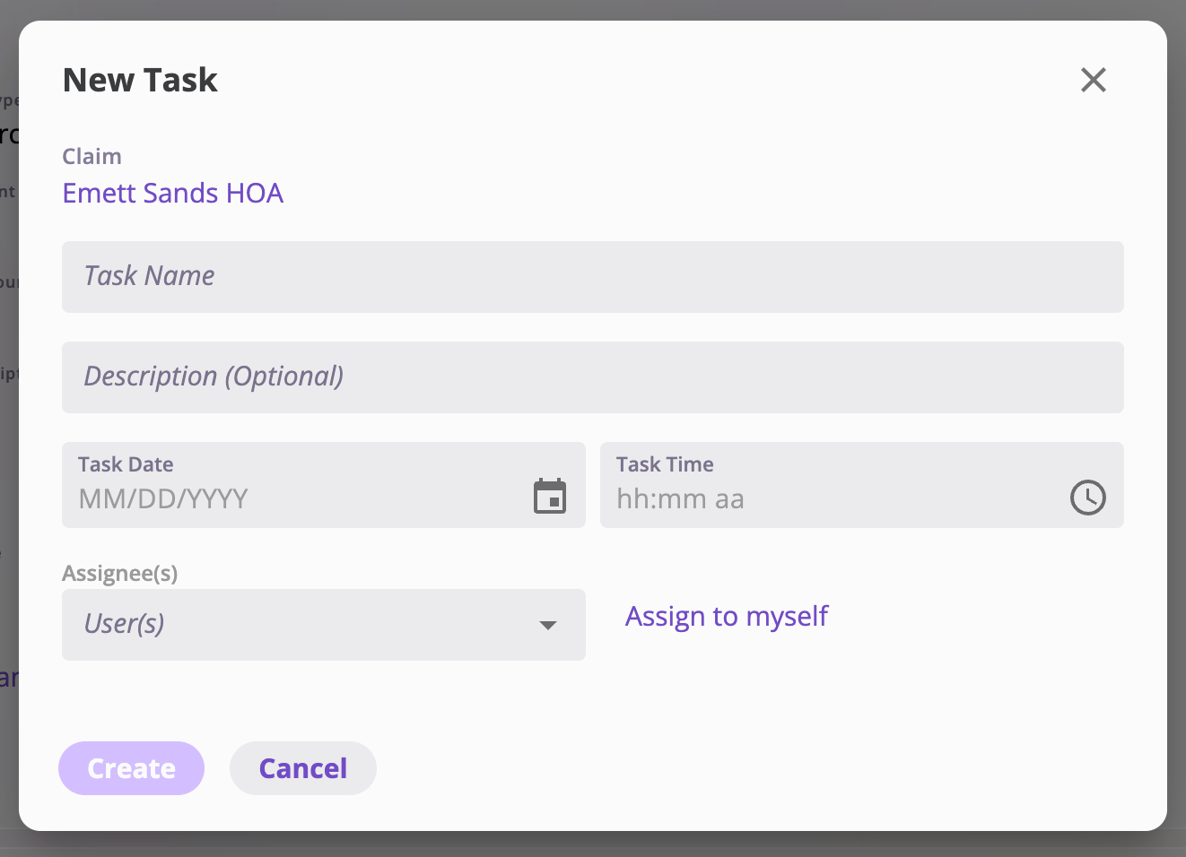 The New Task dialog showing the linked claim, a task name field, optional description, task date and time, and assignee selection with an Assign to myself link.