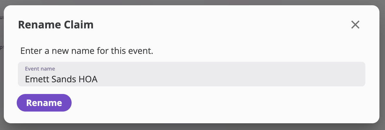 The Rename Claim dialog with an Event name field containing the current name and a Rename button.