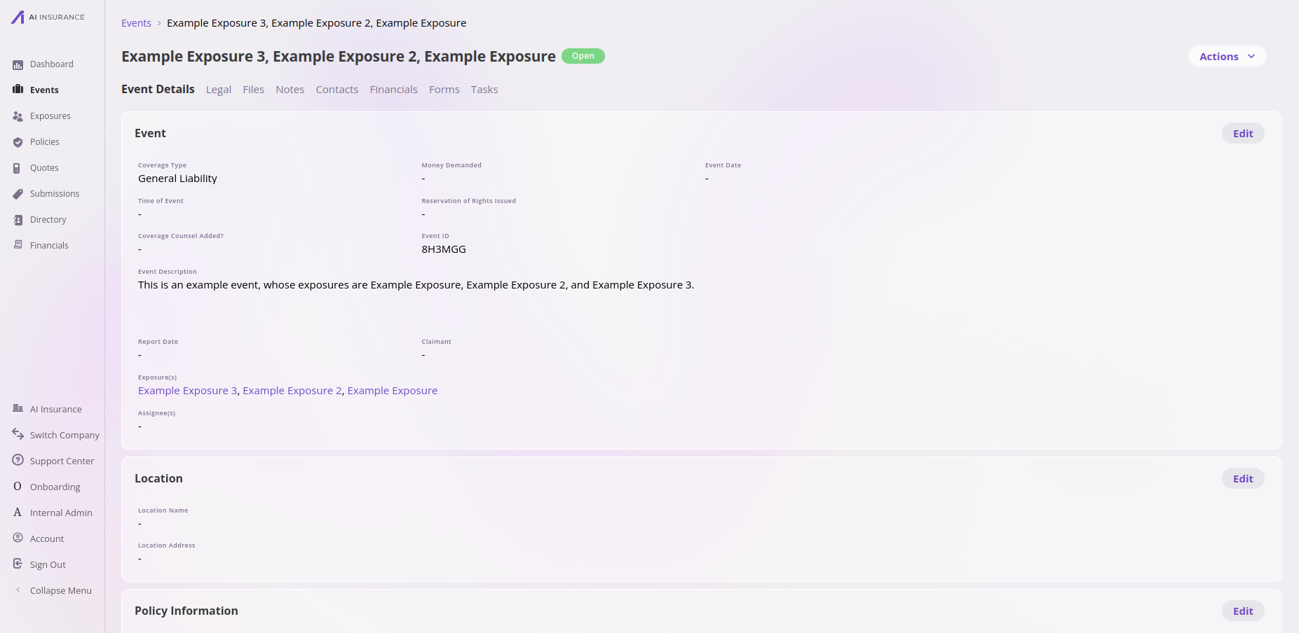 Event detail page showing status Open, coverage type General Liability, an event ID, a description, and the multiple exposures the event references.