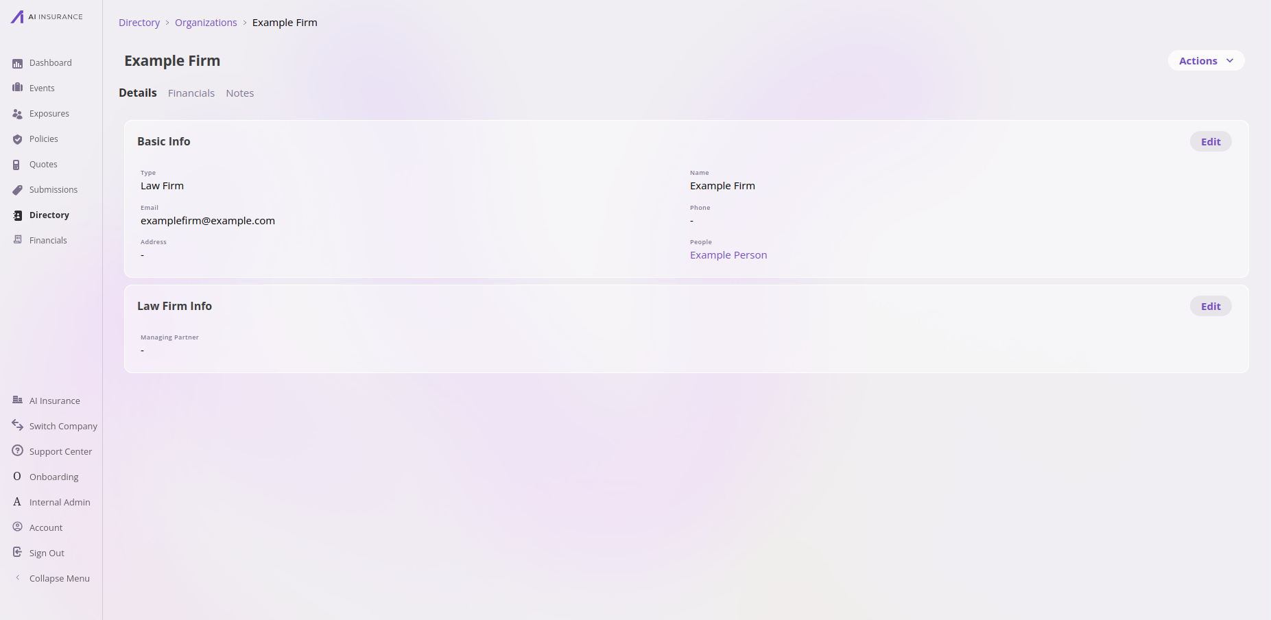 Organization detail page in the Directory showing type Law Firm, name, email, a People field listing a linked person, and a Law Firm Info card with a Managing Partner field.