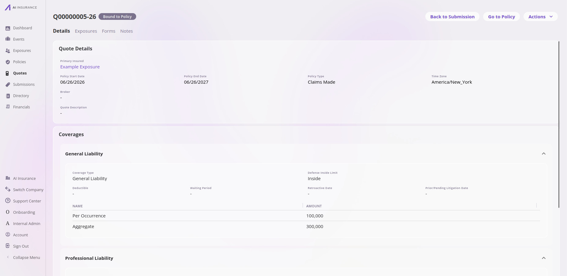 Quote detail page showing primary insured, policy term and type (Claims Made), and a General Liability coverage with per-occurrence and aggregate limits.