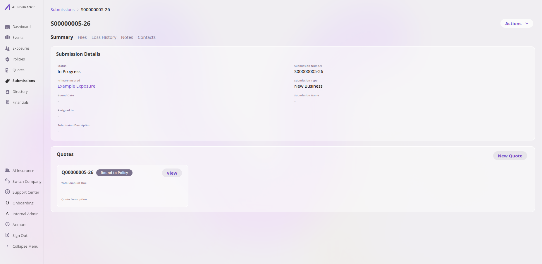 Submission detail page showing status In Progress, submission number, primary insured, submission type New Business, and a Quotes section listing a bound quote.