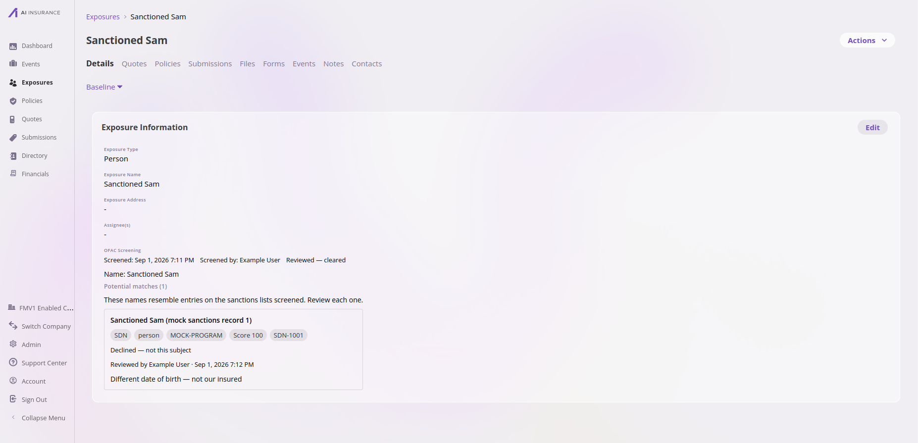 The Potential matches list showing a match card with its sanctions details, a 'Declined — not this subject' status, reviewer attribution with a timestamp, and a review note.