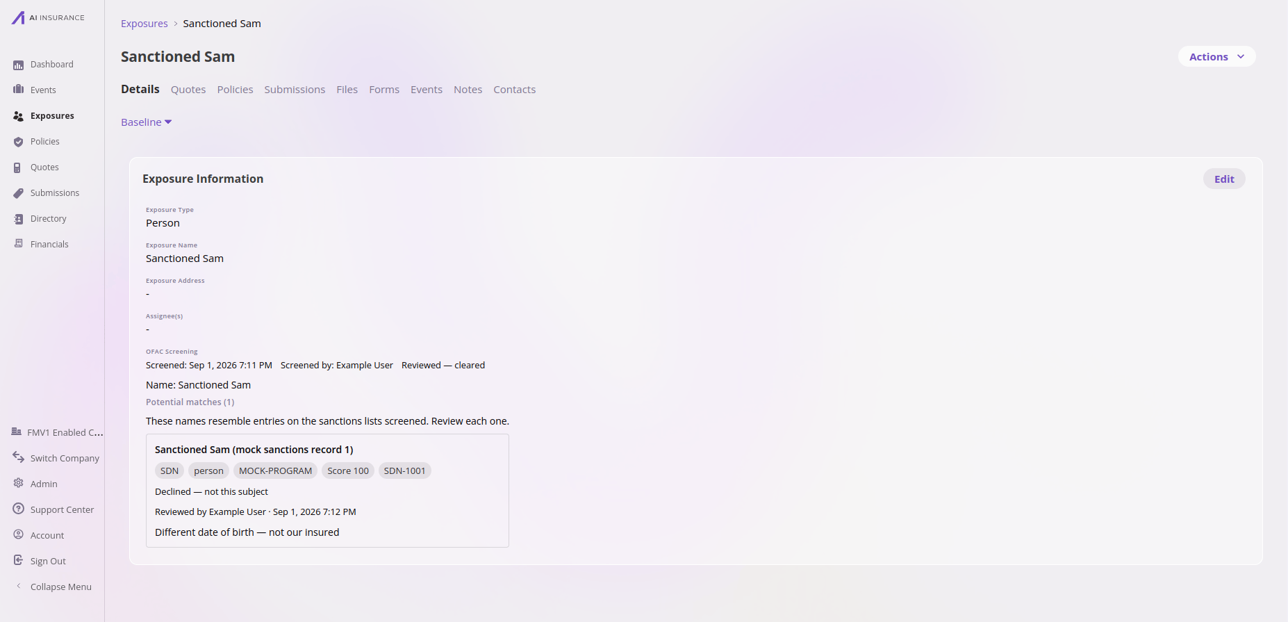 The Potential matches list showing a match card with its sanctions details, a 'Declined — not this subject' status, reviewer attribution with a timestamp, and a review note.