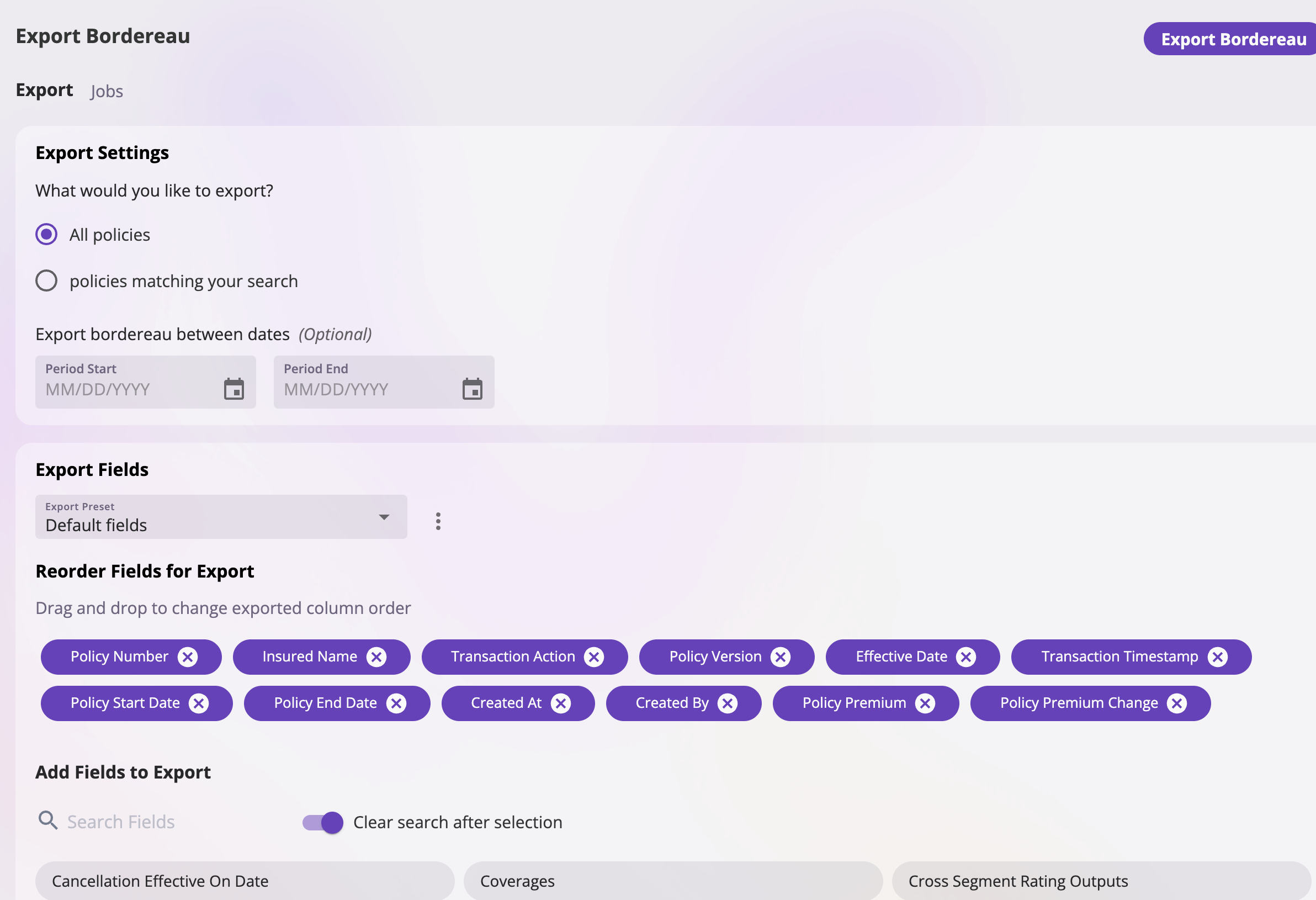 The Export Bordereau page showing scope radio buttons for all policies versus policies matching your search, a date-range control, a column selector with the twelve default bordereau columns and additional policy fields, and a saved presets dropdown.