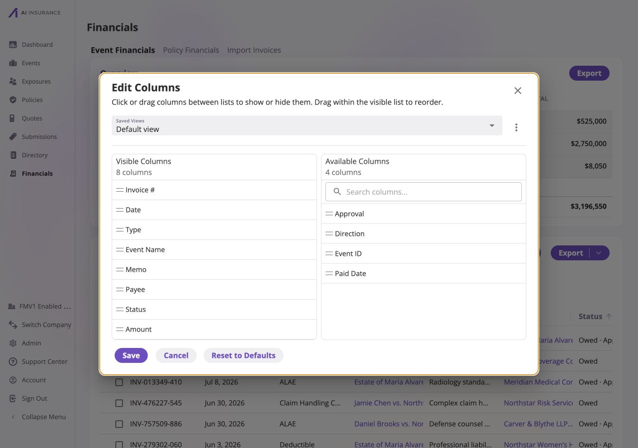 Edit Columns dialog with eight visible invoice columns and four available columns: Approval, Direction, Event ID, and Paid Date.