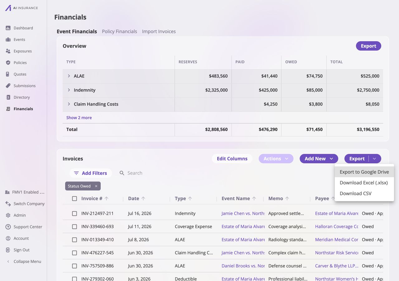Filtered invoice table with Status Owed active and the Export menu open for Google Drive, Excel, and CSV.