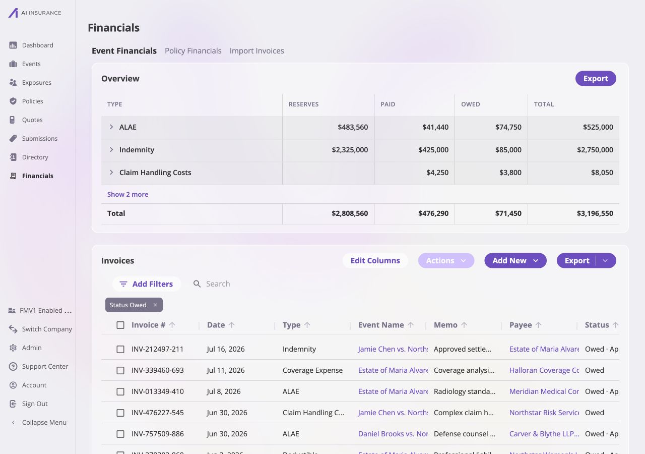 Filtered event invoice table showing an active Status Owed chip and only owed invoices.