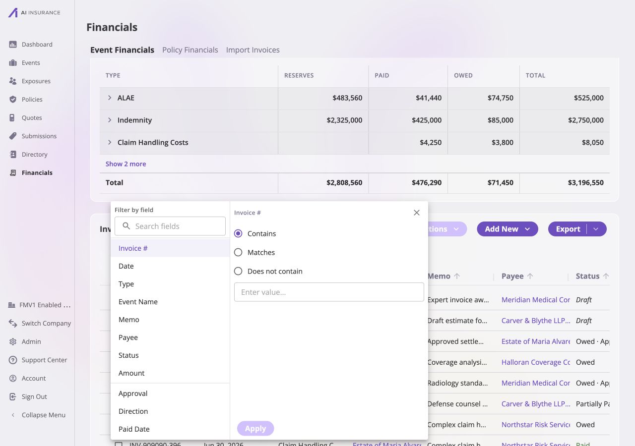 Invoice filter builder showing available fields including Invoice number, Date, Type, Event Name, Memo, Payee, Status, Amount, Approval, Direction, and Paid Date.