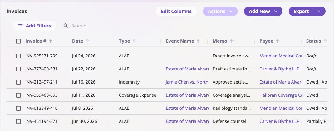 Company-wide event invoice listing with invoice numbers, dates, types, event names, memos, payees, statuses, and amounts.