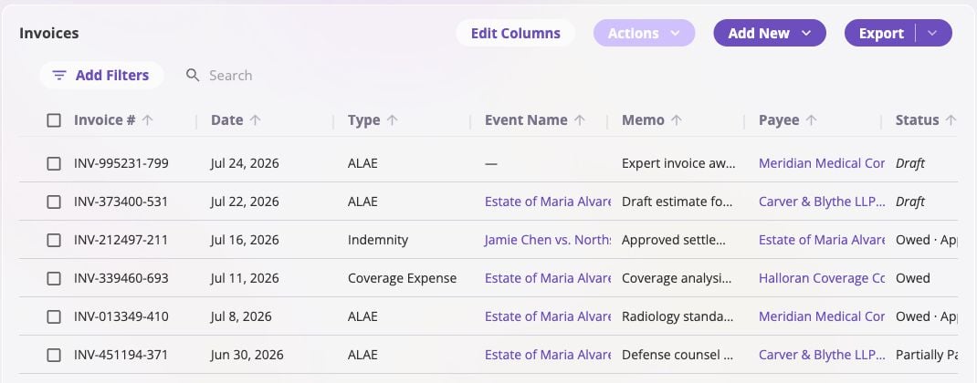 Company-wide event invoice listing with invoice numbers, dates, types, event names, memos, payees, statuses, and amounts.