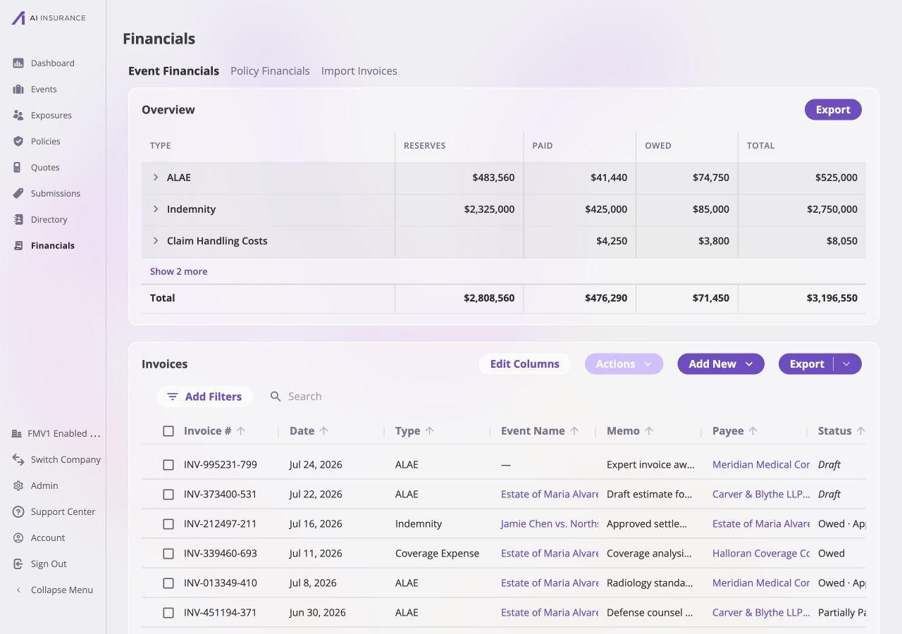 Company Event Financials showing the company-wide Overview Report and invoice list.