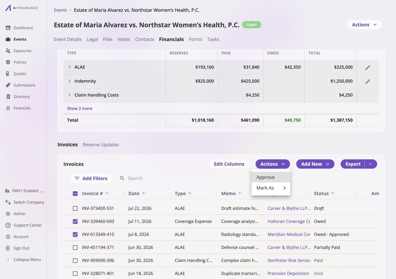 Event invoice table with two rows selected and an Actions menu containing Approve and Mark As, without Link or Unlink.