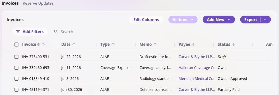 Event-scoped invoice table showing draft, owed, approved, partially paid, and paid med-mal invoices.