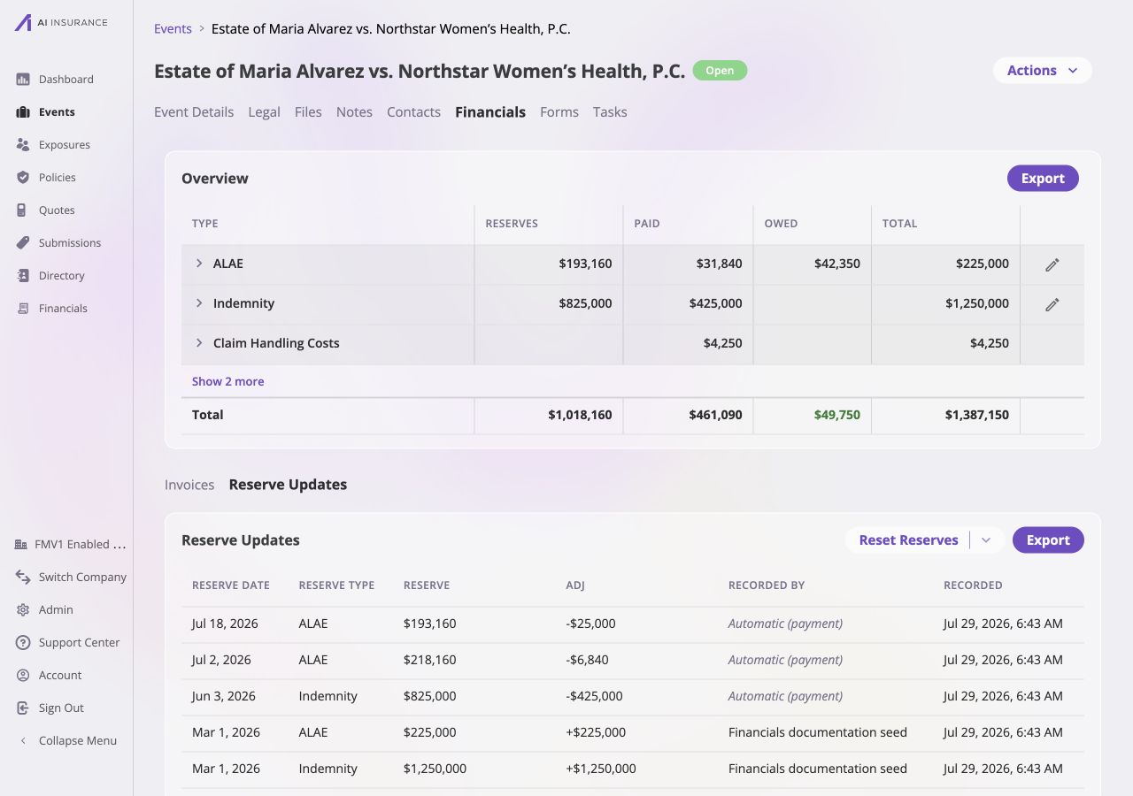Event Financials Reserve Updates tab showing current reserve totals and a history table with ALAE and Indemnity updates, automatic payment adjustments, recorded dates, and recorded-by values