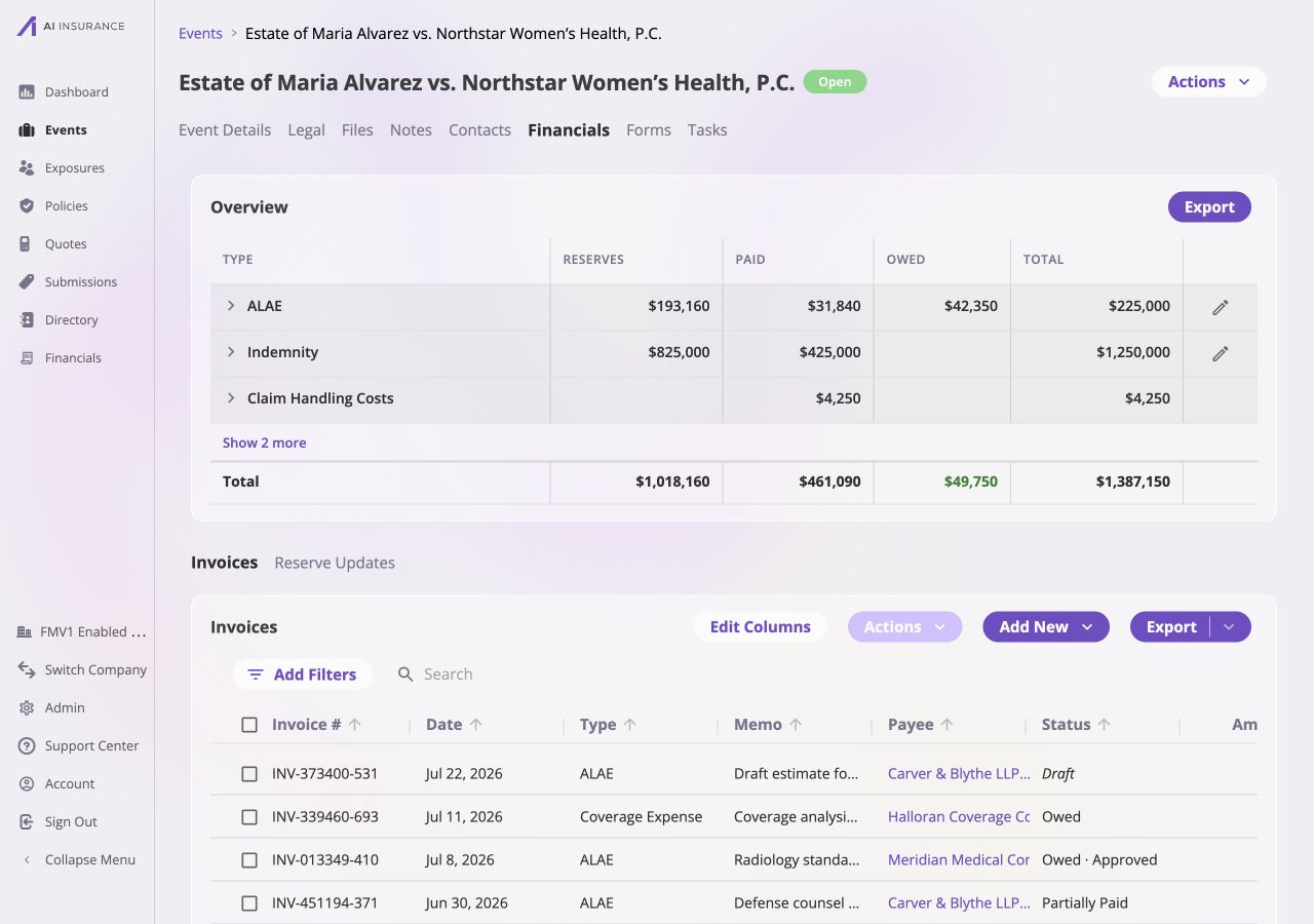 Event detail page for Estate of Maria Alvarez showing the Financials tab, an event-scoped Overview Report, and the event invoice list.