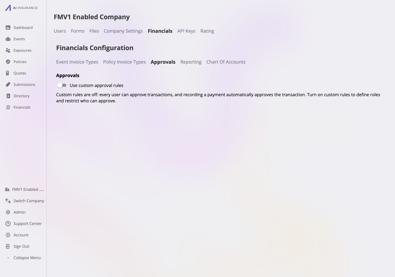 Approvals configuration with Use custom approval rules turned off and a message that every user can approve transactions and recording a payment automatically approves the transaction.