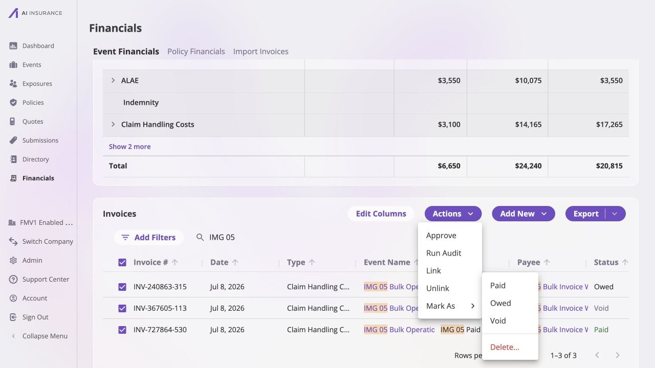 Company Event Financials filtered for IMG 05 with three selected invoice rows and the Actions menu open. The Mark As submenu shows Paid, Owed, and Void, followed by a separator and the red Delete action.