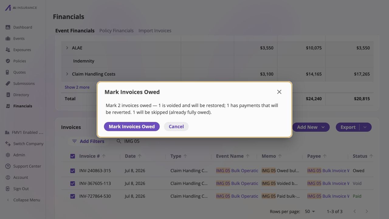 Mark Invoices Owed confirmation over Company Event Financials filtered for IMG 05. The dialog says, 'Mark 2 invoices owed — 1 is voided and will be restored; 1 has payments that will be reverted. 1 will be skipped (already fully owed),' with Mark Invoices Owed and Cancel buttons.