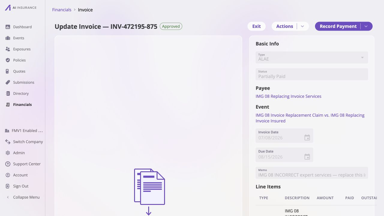 Update Invoice view for approved invoice INV-472195-875. The Basic Info panel shows Type ALAE, Status Partially Paid, the IMG 08 Replacing Invoice Services payee, the linked IMG 08 Invoice Replacement Claim event, invoice date July 8, 2026, due date August 15, 2026, and a replacement-planning memo.