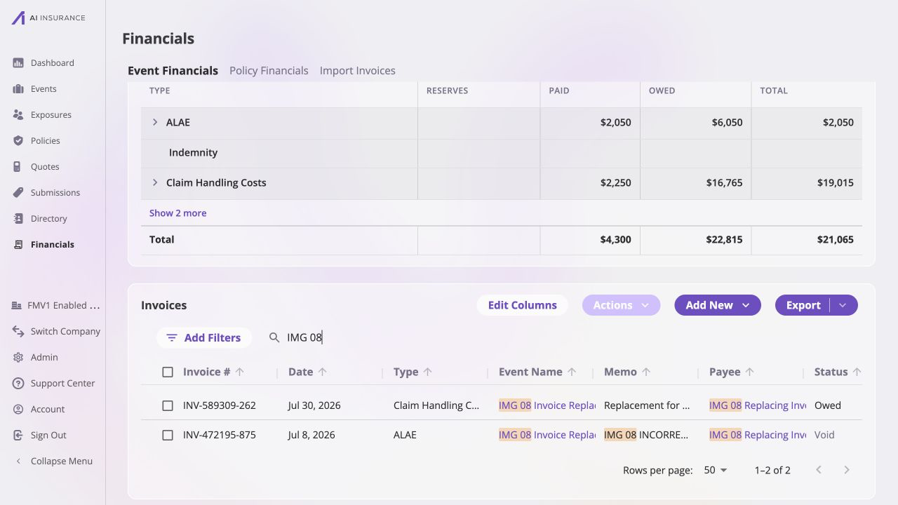 Event Financials invoice list filtered for IMG 08 with two rows: INV-589309-262, dated July 30, 2026, of type Claim Handling Costs, with a replacement memo and status Owed; and INV-472195-875, dated July 8, 2026, of type ALAE, with status Void.