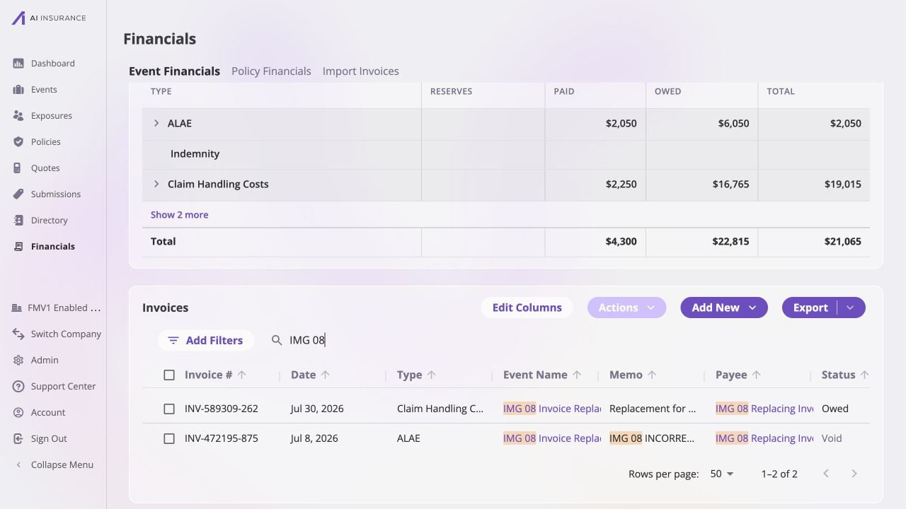 Event Financials invoice list filtered for IMG 08 with two rows: INV-589309-262, dated July 30, 2026, of type Claim Handling Costs, with a replacement memo and status Owed; and INV-472195-875, dated July 8, 2026, of type ALAE, with status Void.
