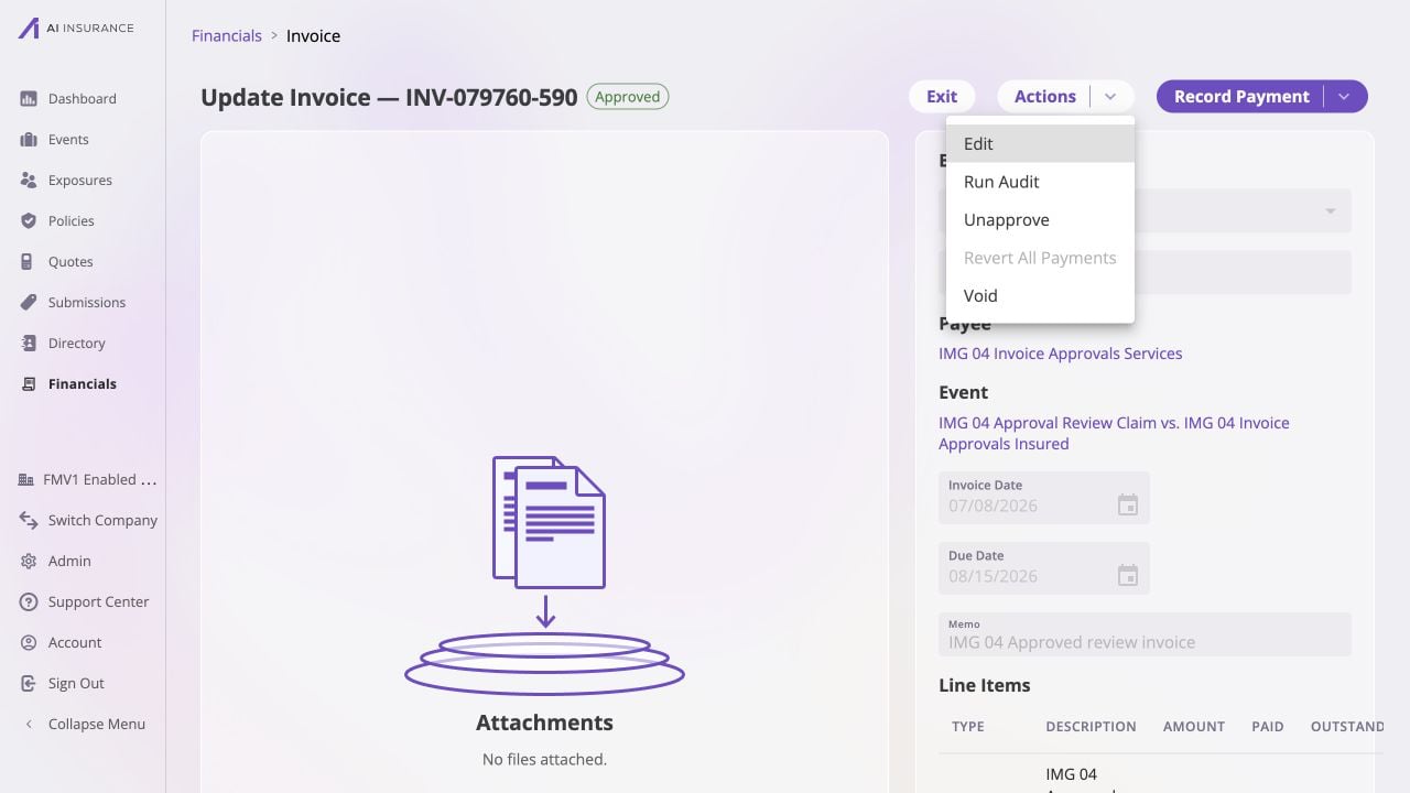 Invoice detail for INV-079760-590 with an Approved badge. The Actions menu is open and lists Edit, Run Bill Review, Unapprove, a disabled Revert All Payments, and Void; the page shows the IMG 04 Invoice Approvals Services payee, its linked event, dates, memo, and line items.