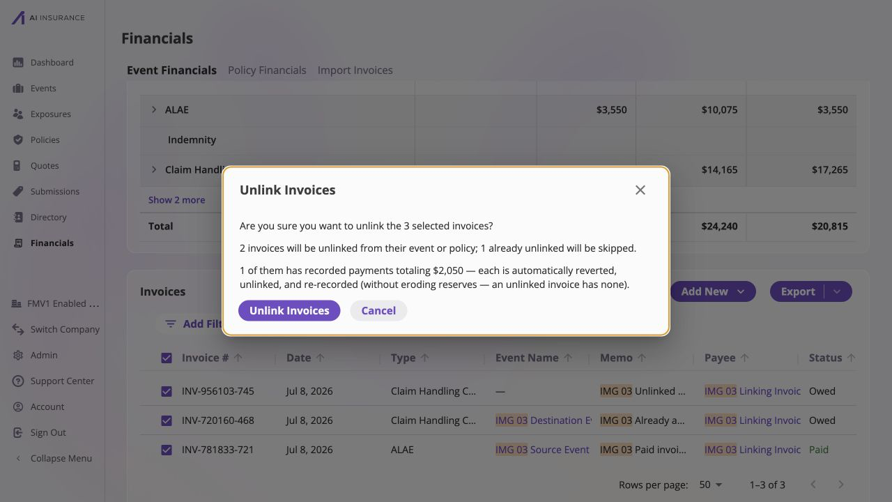 Unlink Invoices confirmation for three selected invoices, stating that two will be unlinked, one already-unlinked invoice will be skipped, and 2,050 dollars in recorded payments will be re-recorded without eroding reserves.