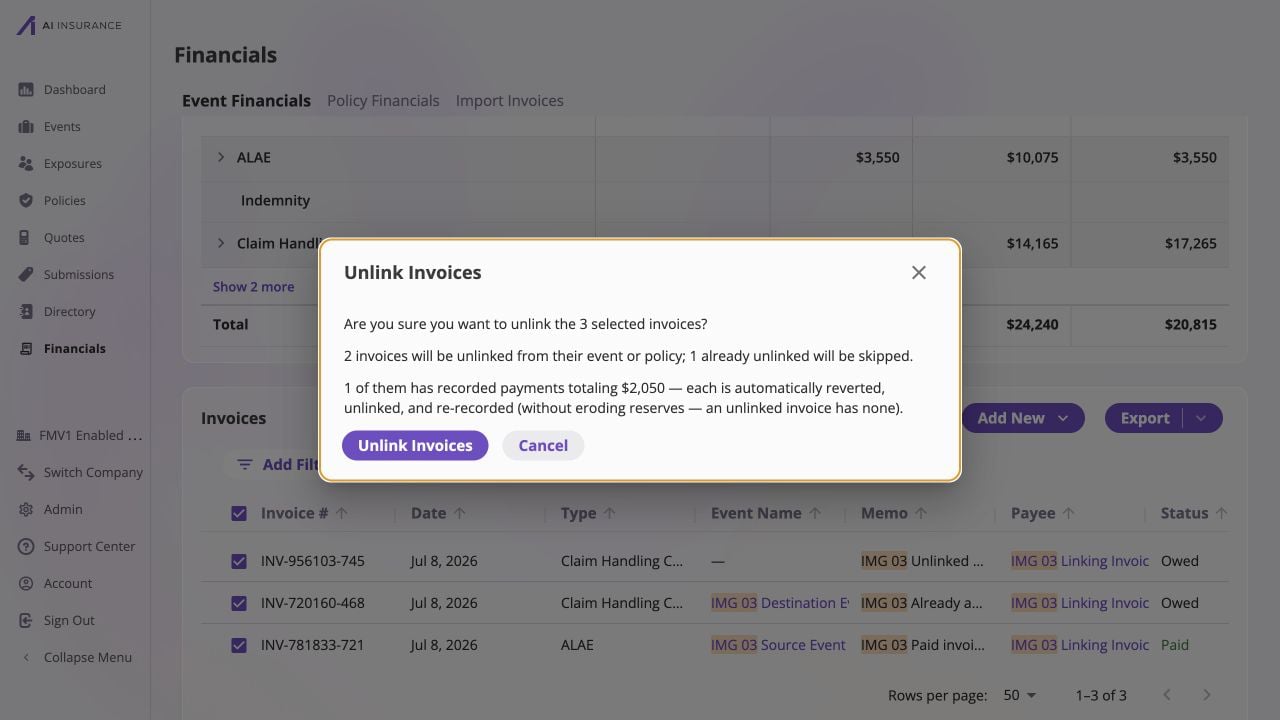 Unlink Invoices confirmation for three selected invoices, stating that two will be unlinked, one already-unlinked invoice will be skipped, and 2,050 dollars in recorded payments will be re-recorded without eroding reserves.