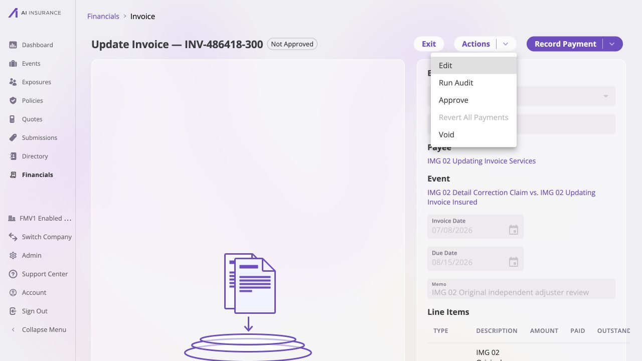 Invoice INV-486418-300 in read mode, with the Actions menu open and Edit available above the event, invoice date, due date, memo, and line items.