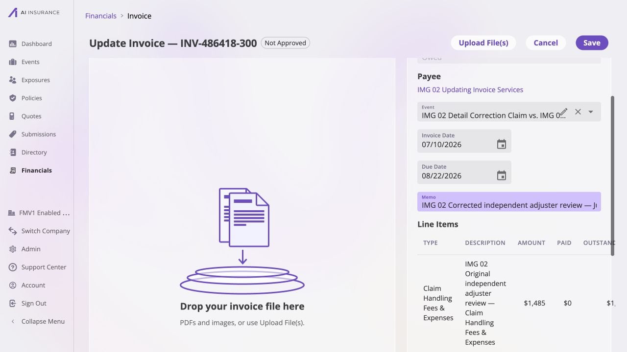 Invoice INV-486418-300 in edit mode with invoice date July 10, 2026, due date August 22, 2026, and a corrected independent-adjuster-review memo; Upload File(s), Cancel, Save, unchanged line items, and an empty attachment drop zone are visible.