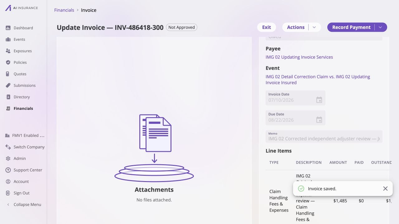 Saved read-mode invoice INV-486418-300 showing the July 10, 2026 invoice date, August 22, 2026 due date, corrected memo, Not Approved badge, unchanged line-item amounts, and an Attachments pane with no files attached.