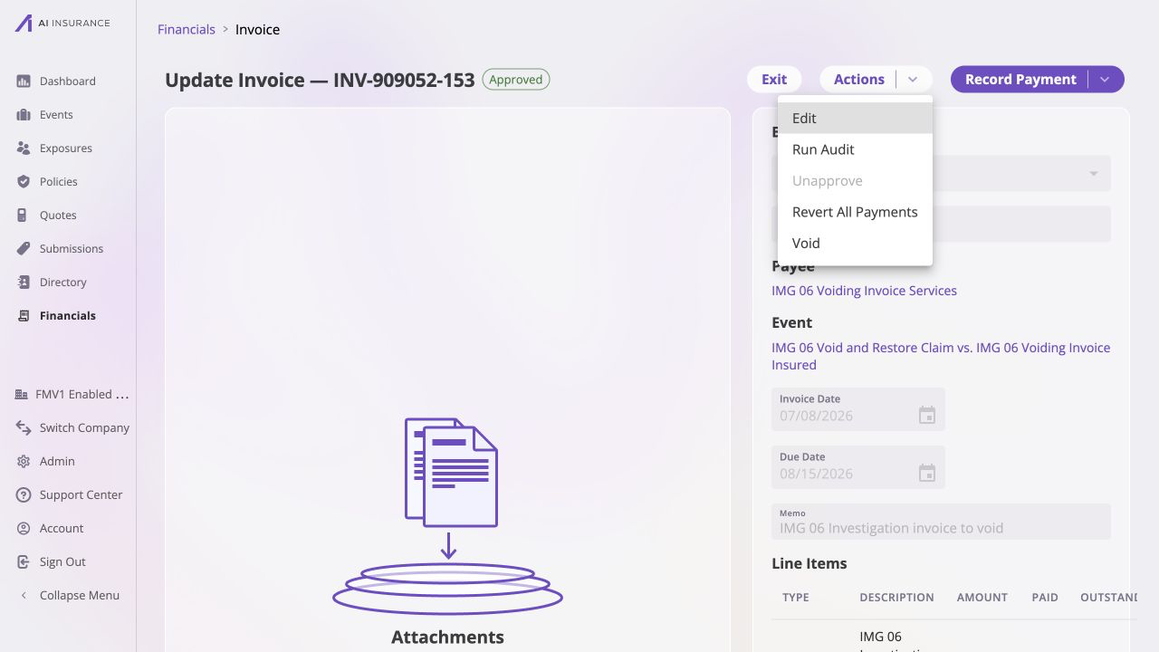 Approved, partially paid invoice INV-909052-153 with the Actions menu open to Void; the invoice shows a $2,600 total, $850 paid, $1,750 outstanding, and a recorded payment row.
