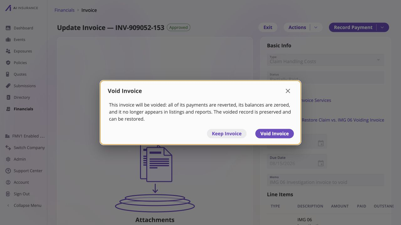 Void Invoice confirmation for INV-909052-153 stating that all payments are reverted, balances are zeroed, the invoice no longer appears in listings and reports, and the voided record can be restored; Keep Invoice and Void Invoice buttons are available.
